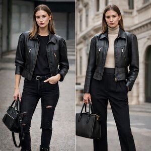 Vintage 90s Tannery West Black Leather Moto Jacket Cropped Women S